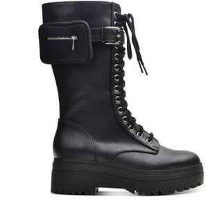 Wild Pair Black Zip Pocket Lace and Side Zip Up Moto Boots NIB 5.5M.